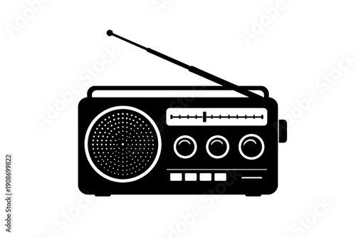 Black and White Vintage Portable Radio Receiver Icon Vector Illustration for Audio Broadcast and Sound Communication. Retro-Style AM/FM Transistor Radio with Antenna, Speaker, and Tuning Dial Graphic