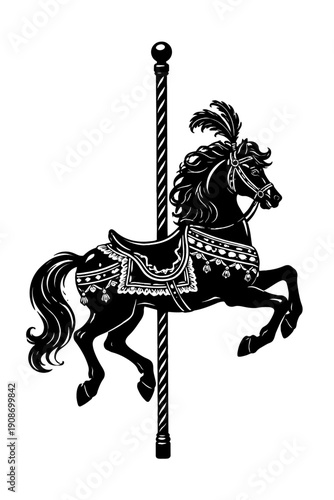Elegant black silhouette of a vintage carousel horse, intricately adorned with ornate saddle and feathered headpiece, poised gracefully on a striped pole, evoking classic fairground nostalgia and time
