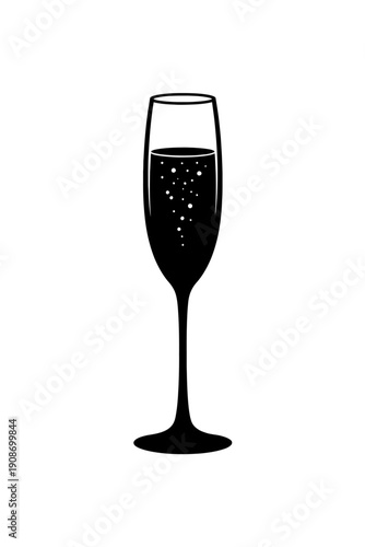 Elegant black silhouette icon of a champagne flute brimming with sparkling bubbles. Perfect vector graphic for New Year's Eve, weddings, parties, holidays, luxury events, and festive digital or print