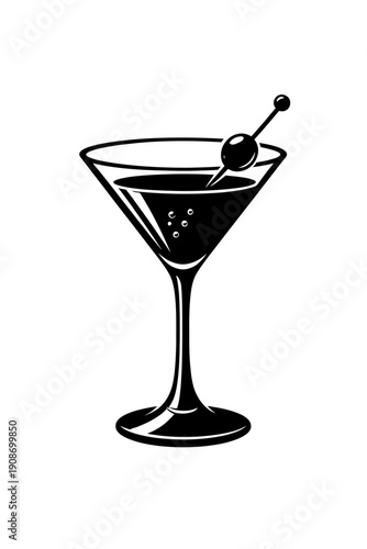Elegant black and white martini glass vector icon. It showcases a classic cocktail, complete with a stylish olive on a skewer and subtle effervescence. Perfect for upscale bar branding, menu designs,