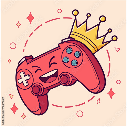 Red gaming controller wearing golden crown, video game victory champion mascot illustration.