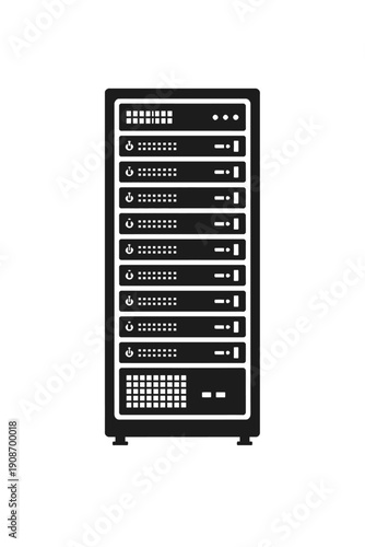 Professional monochrome vector icon depicting a server rack or data center cabinet filled with essential networking and IT hardware. Represents robust infrastructure, cloud computing, data storage, en