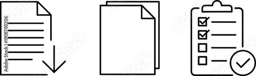 Vector illustration of document workflow icons in black-and-white minimalist design symbolizing download, copy, checklist, and digital productivity