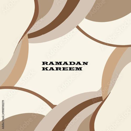 Ramadan kareem greeting card with abstract wavy shapes and neutral beige tones, minimalist islamic religious festival celebration banner design
