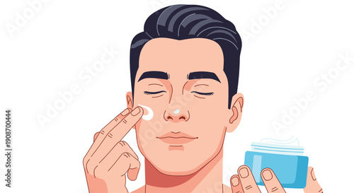 A man with closed eyes is applying face cream from a jar onto his cheek in a close-up shot on a white background.