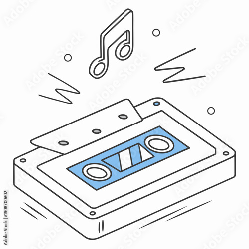 Cassette tape playing music with sound waves and notes around  