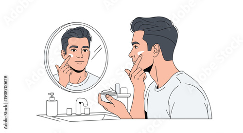 A man applies face cream to his cheek while looking at his reflection in a round bathroom mirror above a sink.
