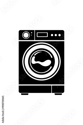 Premium Black & White Front-Loading Washing Machine Icon: Modern Household Laundry Appliance for Efficient Clothes Cleaning, Featuring Digital Controls, Circular Door, and Water Agitation for Freshnes