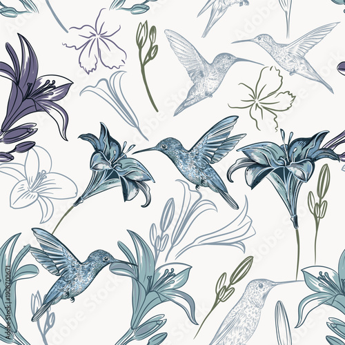 Fashion vector seamless pattern with hummingbirds lily flowers in blue tones