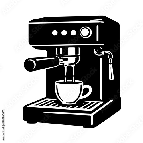 Stylish black and white vector illustration of a modern semi-automatic espresso machine expertly brewing a fresh, hot coffee shot into a classic cup, featuring a visible portafilter and steam wand, pe