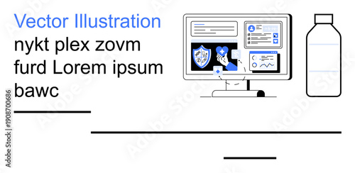 Cybersecurity, healthcare, technology, user interface, digital communication, documentation. Computer screen with shields and health icons, a bottle and placeholder text. Cybersecurity