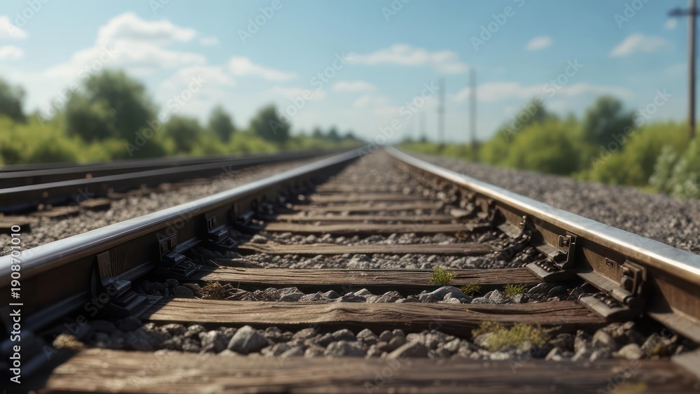 Obraz premium Close-up of parallel railway tracks stretching into the distance, flanked by green foliage and sky