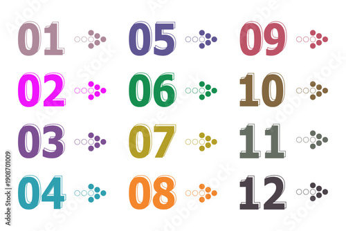 Colorful bullet points with arrows made of dots, numbers from 1 to 12. Infographics. Vector design.