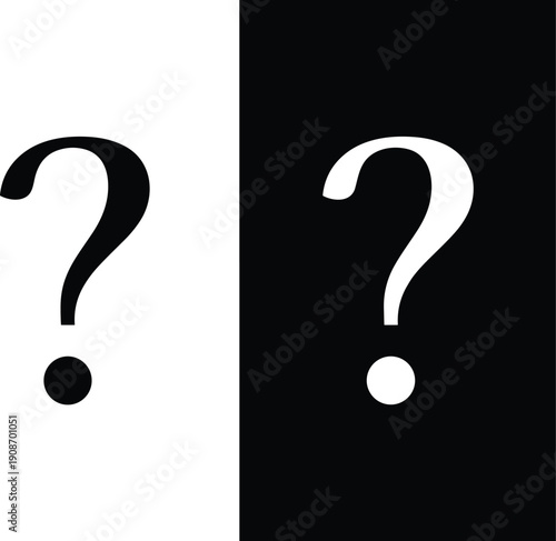 Vector illustration of dual question mark icons in contrasting black-and-white minimalist design symbolizing inquiry, uncertainty, curiosity, and dialogue