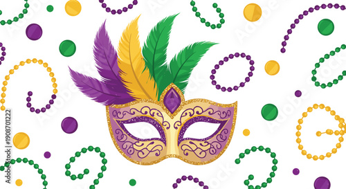 A colorful Mardi Gras carnival mask with feathers is surrounded by scattered green, purple, and gold beaded necklaces.