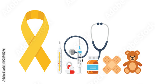 A yellow awareness ribbon stands beside an assortment of medical equipment and a brown teddy bear.