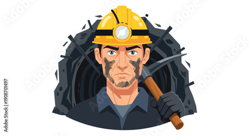 A male miner with a dirty face wears a headlamp and holds a pickaxe in front of a dark mine entrance.