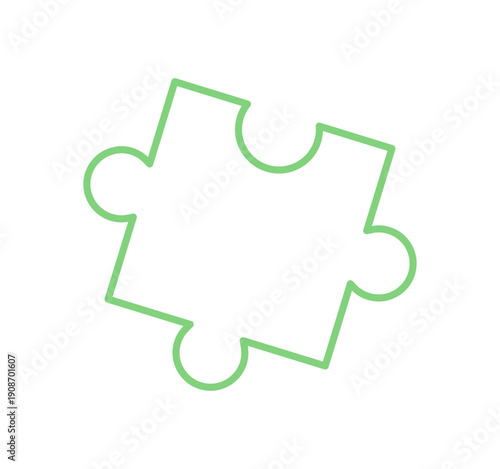 Flat green jigsaw puzzle piece with silhouette outline. Fun and simple boardgame component for table games. Playful toy for children, offering entertainment and leisure activities. Perfect family