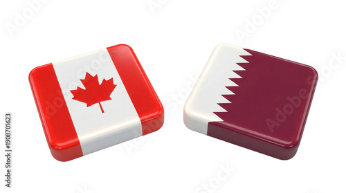 Glossy Canada and Qatar flags symbolizing an international soccer match.