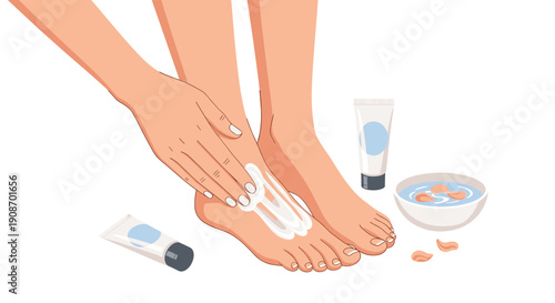 Hands apply moisturizing cream to feet, with beauty products and a bowl of water nearby on a clean white background.