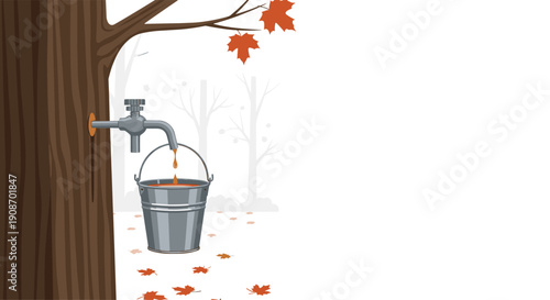 A tap inserted into a tree drips orange sap into a metal bucket, with fallen autumn leaves on the ground.