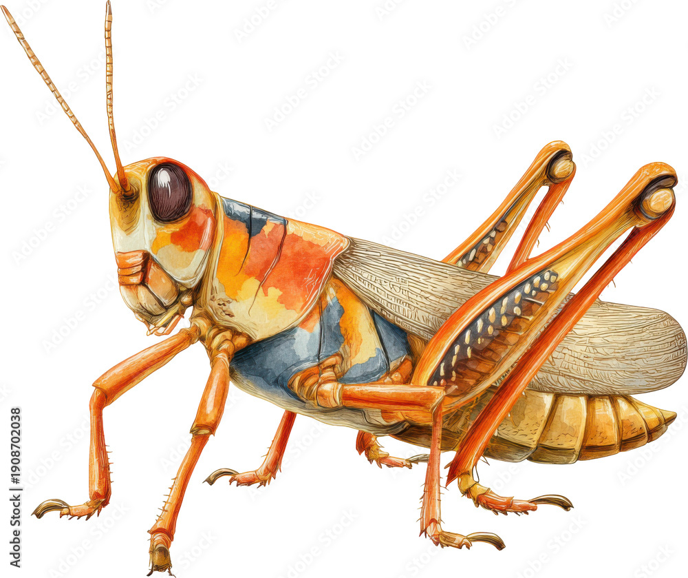 Fototapeta premium a detailed close up view of a colorful grasshopper against a black background