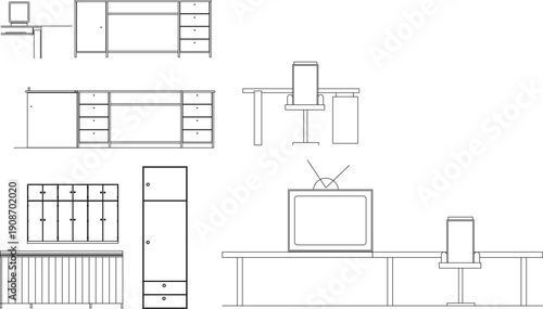 Technical vector drawing showing various top-down views of modular furniture components, storage units, and desks in black lines.