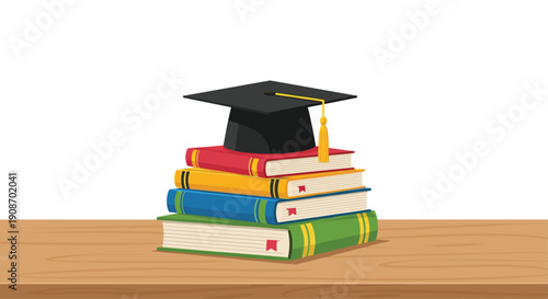 A black graduation cap with a gold tassel rests on a stack of five colorful textbooks on a wooden table.
