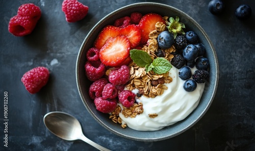 Overhead view of a bowl of fresh fruit and granola with yogurt, styled with natural light to create a healthy and refreshing breakfast scene.