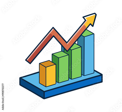 3D illustration of a professional business growth chart featuring a green arrow moving up a financial bar graph on a white background to represent market success and investment progress