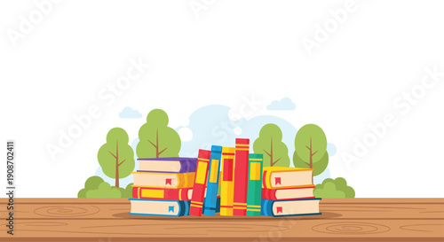 Colorful books are neatly arranged and stacked on a wooden table with blurred green trees and blue sky in the background.