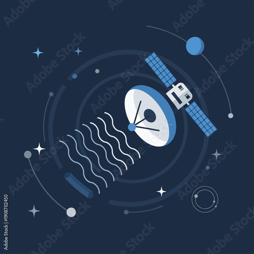 Satellite transmitting signals in deep space with stars and planets, flat design