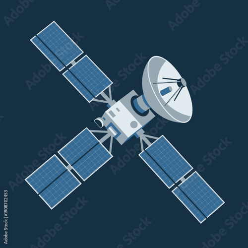 Satellite with solar panels and antenna in deep space, vector illustration