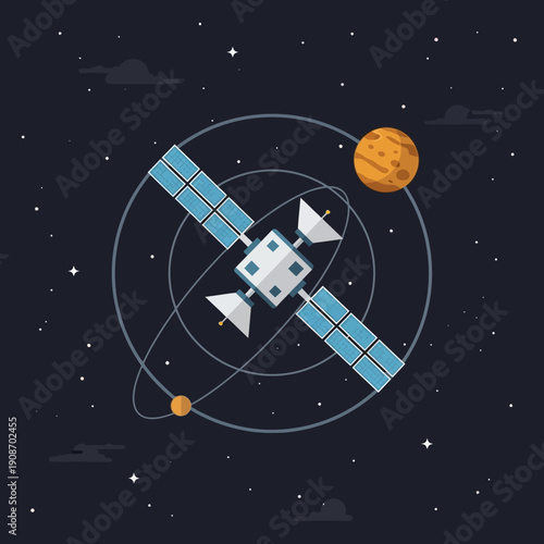 Satellite orbiting planet in starry space with clouds