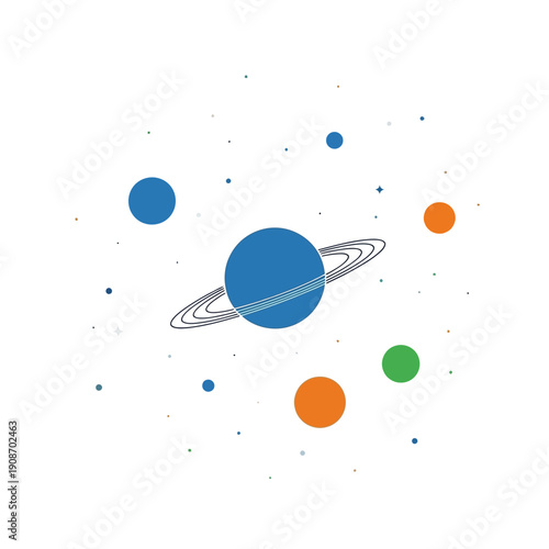 Saturn planet with rings and orbiting planets, space, galaxy, cosmos, stars, universe