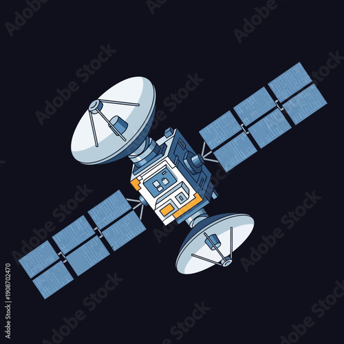 Space Satellite with Solar Panels and Antennas in Orbit - Illustration