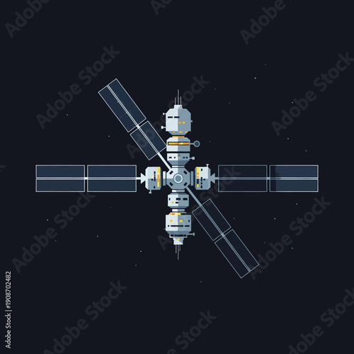 Space Station Satellite in Orbit, Solar Panels, Space Exploration, Futuristic Technology