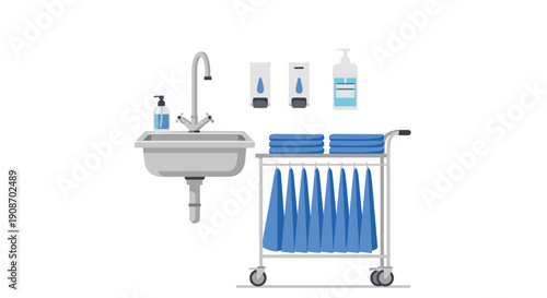 Industrial stainless steel sink with a faucet, wall-mounted soap dispensers, and a cleaning cart holding clean blue towels.