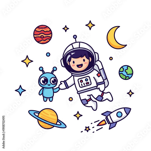 Astronaut and Alien Friends Floating in Space with Planets and Rocket