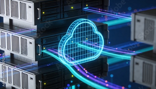 Cloud server infrastructure protected by digital firewall, cybersecurity and data protection concept, secure cloud services and modern IT network security illustration