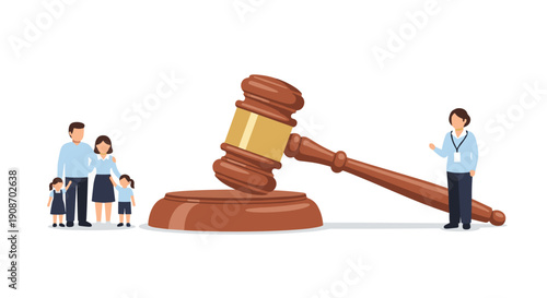 Family of four with parents and two young children standing near a large wooden gavel, with a female lawyer.