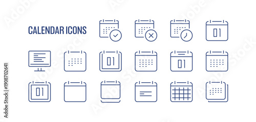 Calendar icons set with various date, schedule, planner and event symbols, minimal outlined collection for time management and organization isolated on white background flat vector illustration.