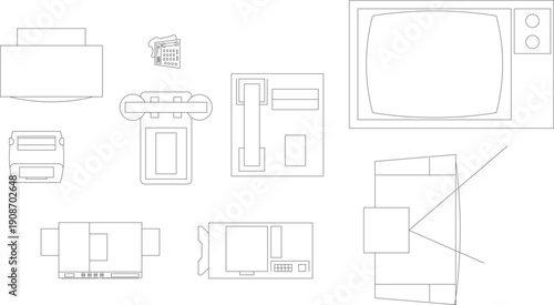 Technical vector drawing showing various top-down views of vintage desktop computers, monitors, and keyboards in lines.