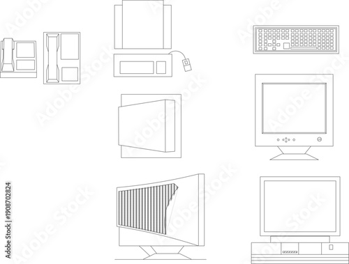 Technical vector drawing showing various top, side, and front views of vintage desktop computers, monitors, and keyboards in lines.