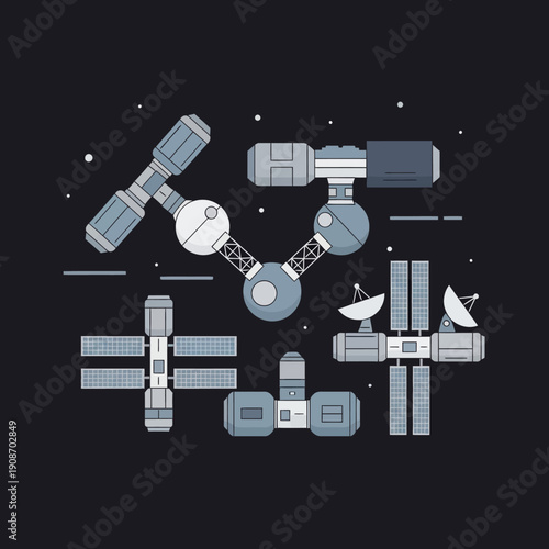 Space Station Modules and Components in Orbit, Futuristic Spacecraft Design