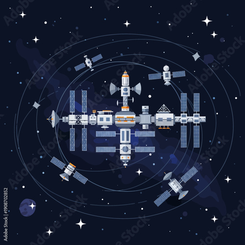 Space Station Orbiting Earth With Satellites in Deep Space