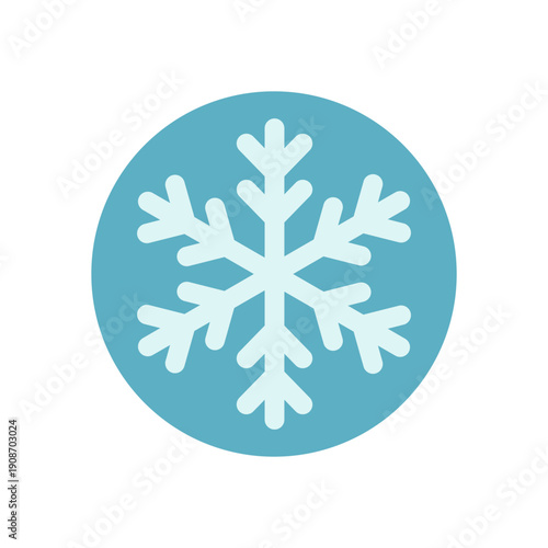 Winter snow flake circle sticker label with blue and white color as cold ornament. Icy snowflake icon as seal for package or box, perfect for xmas label, symbol or holiday tag.