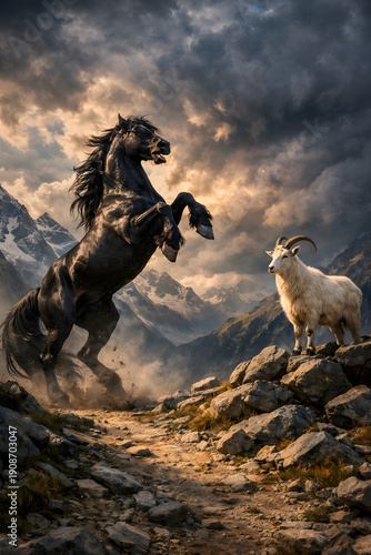 Majestic horse and gentle goat from the Chinese zodiac on a dramatic mountain path, cinematic fantasy realism symbolizing strength, harmony, and timeless myth under a powerful sky.