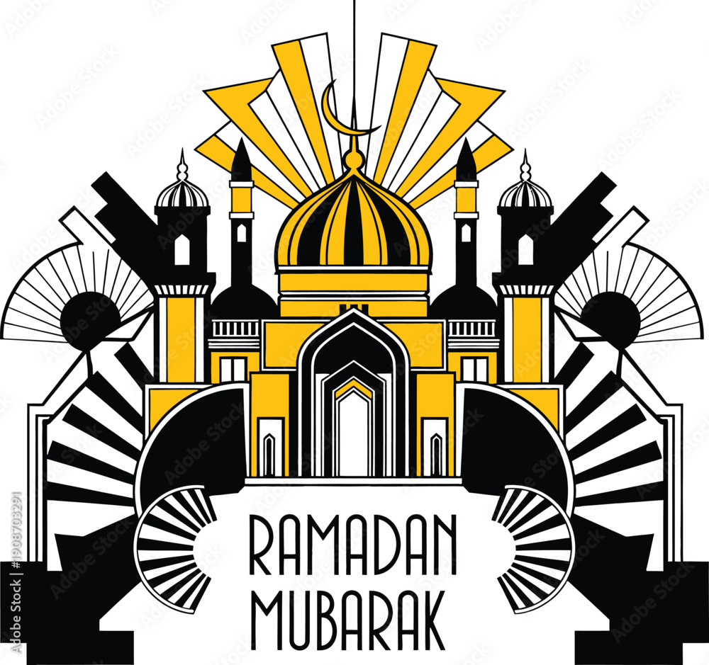 Fototapeta premium Ramadan mubarak poster with yellow and black mosque architecture design, islamic religious festival celebration banner featuring a crescent moon icon