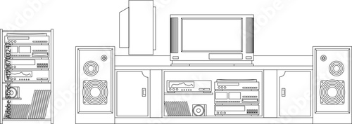 Technical vector drawing of a modern home entertainment system featuring a television, speakers, and stereo equipment cabinet.